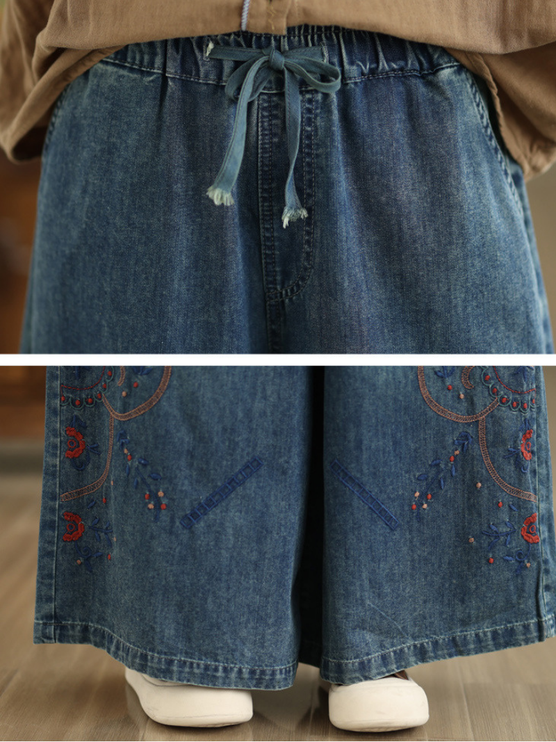 Artisanal Embroidered Wide-Leg Denim Cotton Pants with Drawstring Waist and Pockets