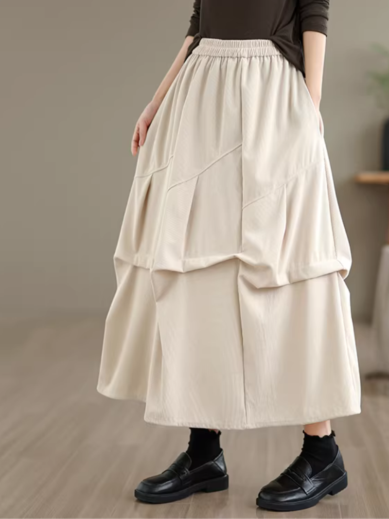 Artful Corduroy Skirt with Draped Layers and Elastic Waist Elegance