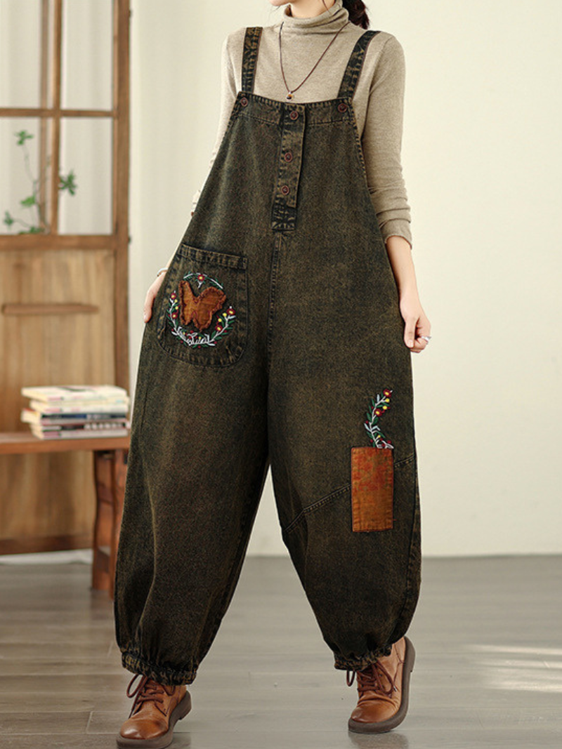Artisanal Denim Overalls in Cotton with Embroidered Patchwork, Relaxed Jumpsuit