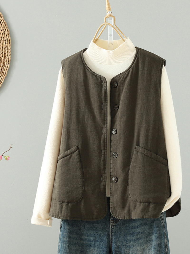 Chic Cotton&Flax Buttoned Women's Vest with Pockets, Minimal Layering Essential