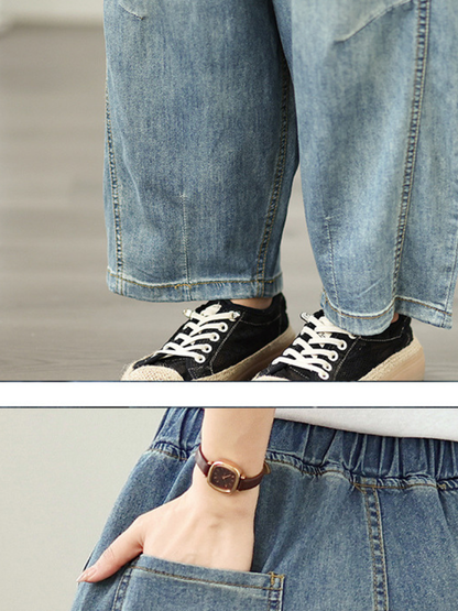 Barrel-Leg Pull-On Denim Cotton Pants for Women, Relaxed Tapered Jeans