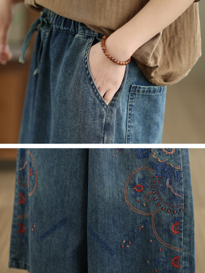 Artisanal Embroidered Wide-Leg Denim Cotton Pants with Drawstring Waist and Pockets