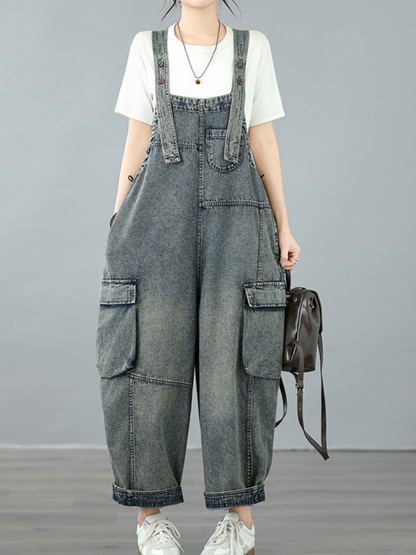 Relaxed Utility Denim Overalls with Cargo Pockets and Adjustable Straps for Women