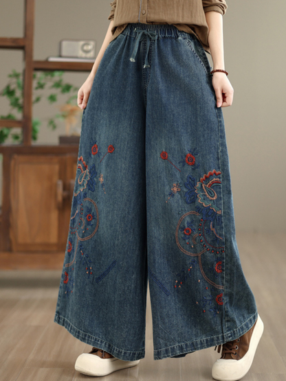 Artisanal Embroidered Wide-Leg Denim Cotton Pants with Drawstring Waist and Pockets
