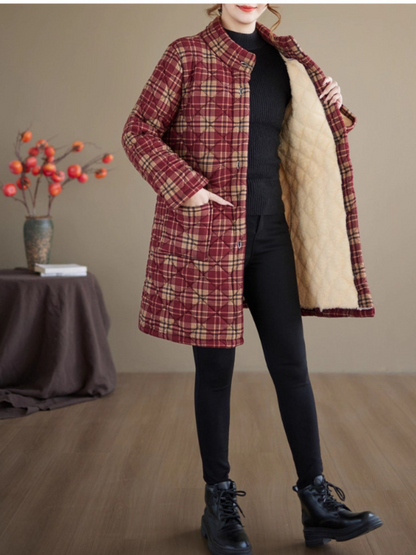 Quilted Plaid Stand-Collar Coat in Cotton&Flax with Patch Pockets Warm