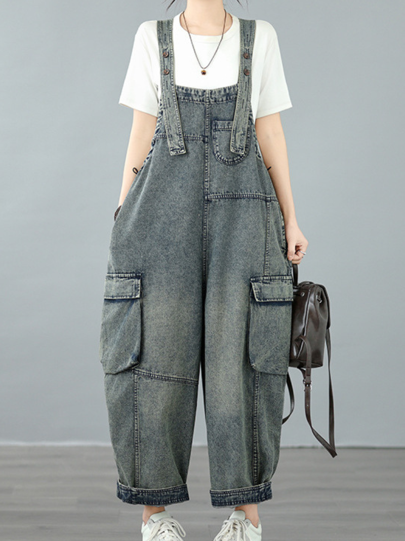 Relaxed Utility Denim Overalls with Cargo Pockets and Adjustable Straps for Women