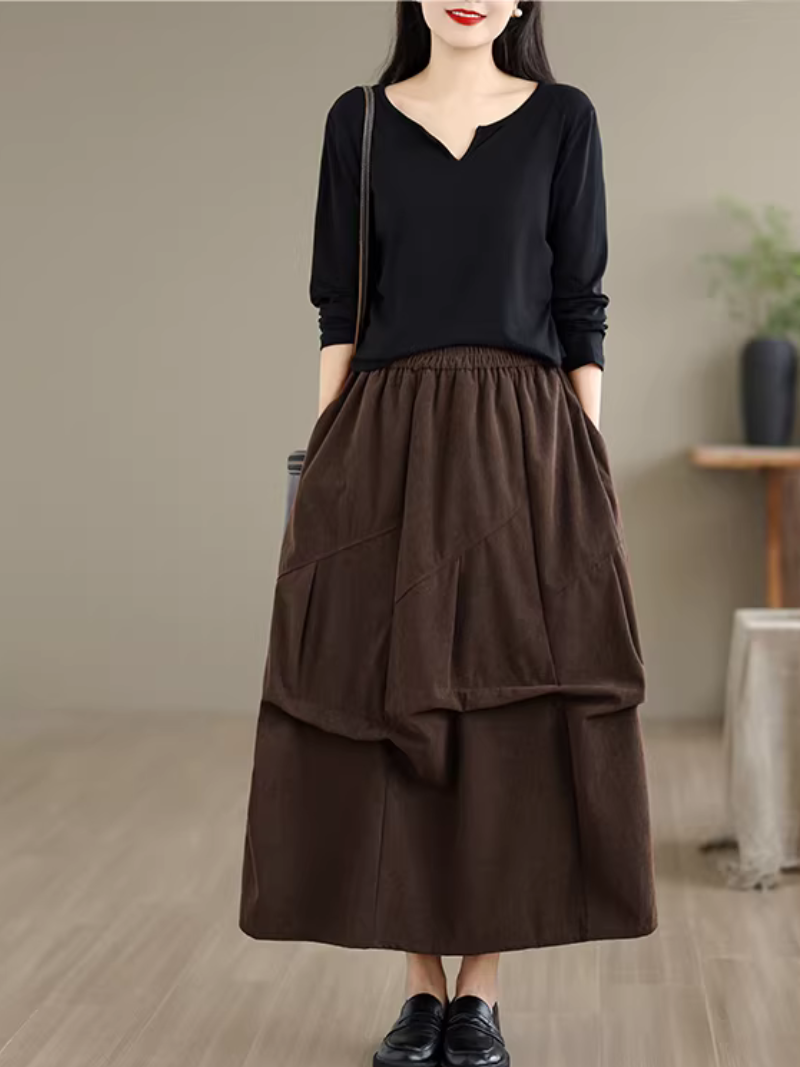 Artful Corduroy Skirt with Draped Layers and Elastic Waist Elegance