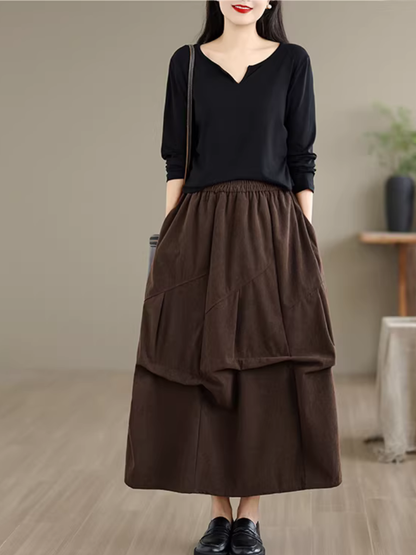 Artful Corduroy Skirt with Draped Layers and Elastic Waist Elegance