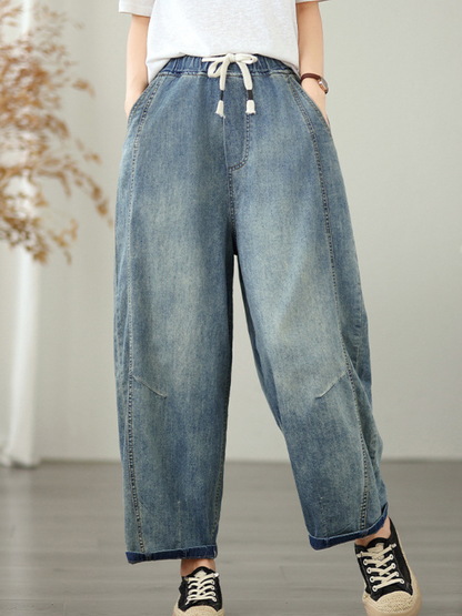 Barrel-Leg Pull-On Denim Cotton Pants for Women, Relaxed Tapered Jeans