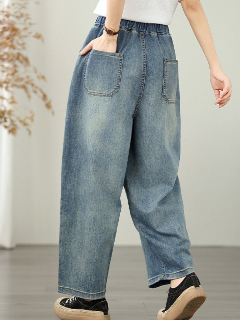 Barrel-Leg Pull-On Denim Cotton Pants for Women, Relaxed Tapered Jeans