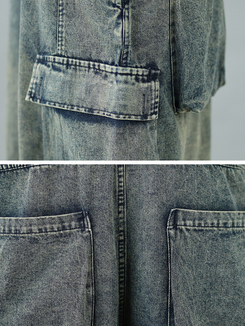 Relaxed Utility Denim Overalls with Cargo Pockets and Adjustable Straps for Women
