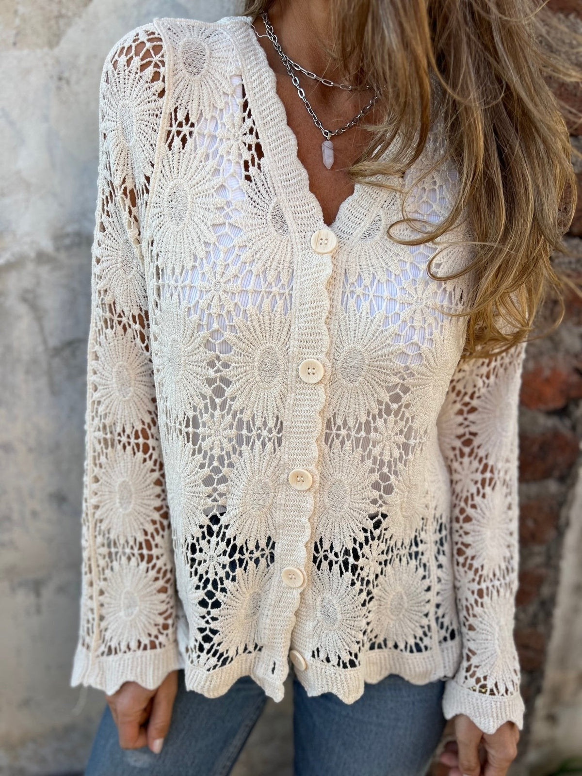 üèÜFlash Sale‚ö° 50K+ SOLD! Almost Gone-üí•Cutout Embroidered V-Neck Button Long Sleeve Top,Best gifts