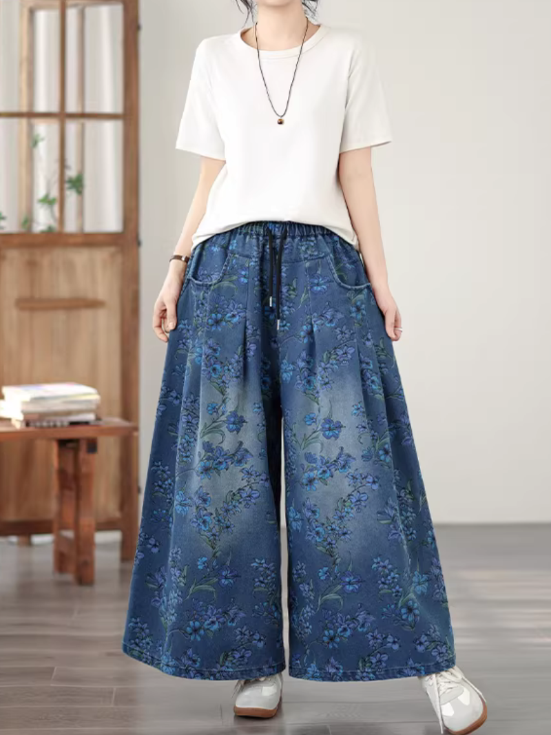 Floral Denim Cotton Wide-Leg Palazzo Pants with Drawstring Waist, Effortless Chic