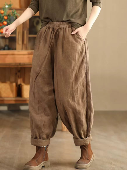 Artisan Cotton&Flax Relaxed Lantern Trousers – Women's Harem Pants with Pockets