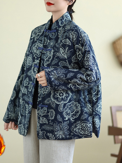 Mandarin-Collar Floral Jacket in Cotton&Flax, Elegant Heritage Layer for Evenings