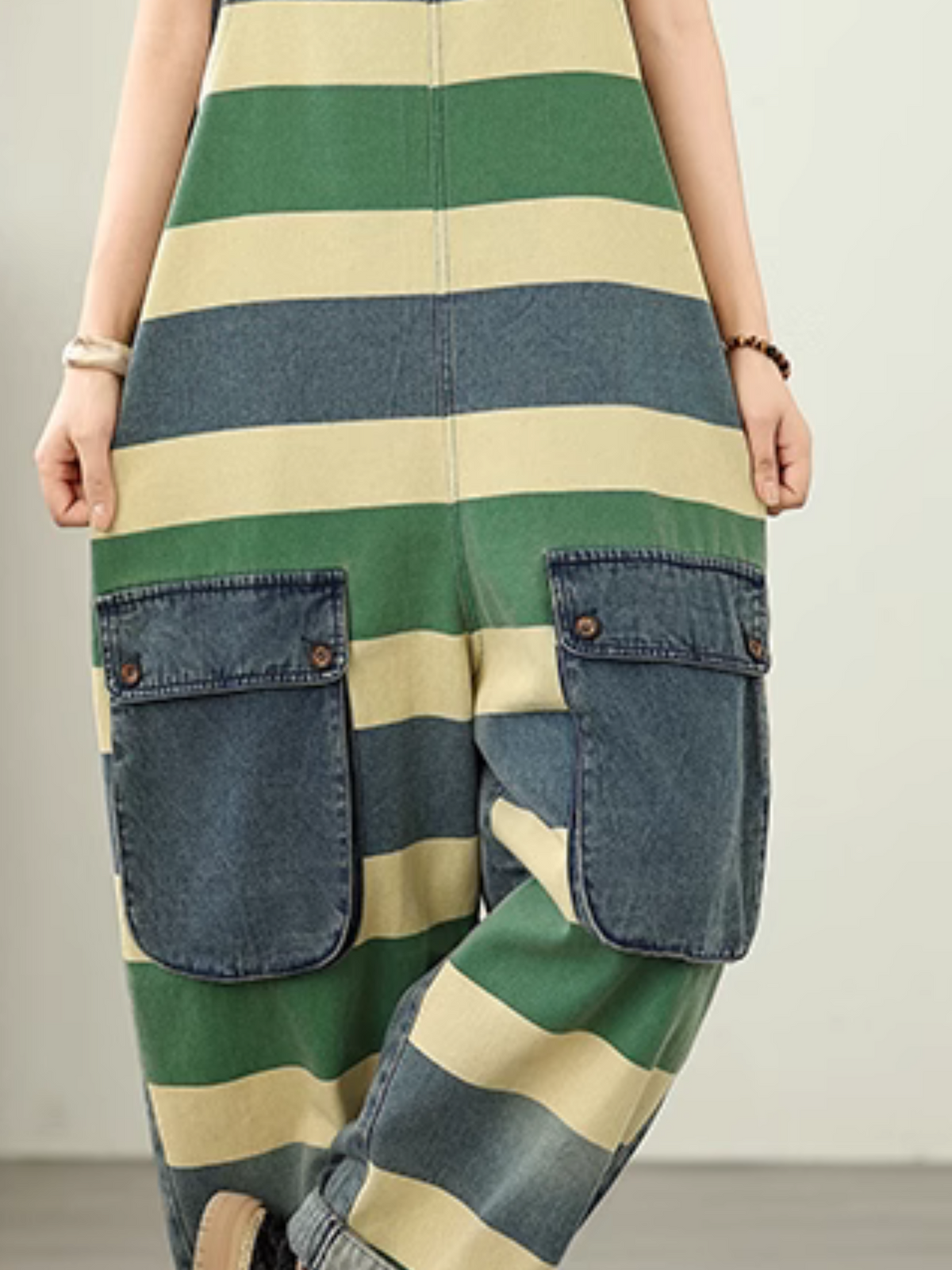 Trendy Striped Denim Cotton Overalls with Pockets - Eva Trends