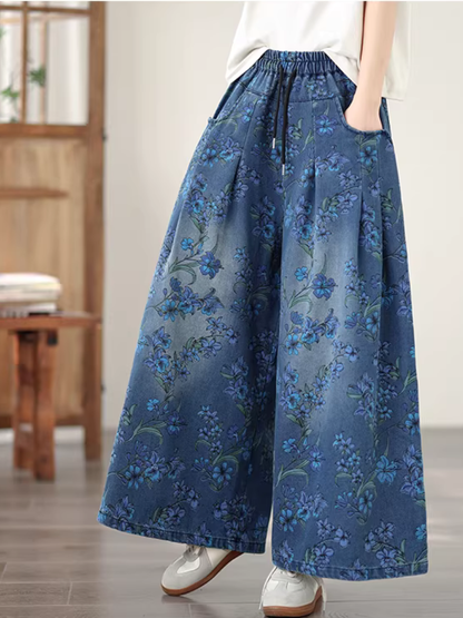 Floral Denim Cotton Wide-Leg Palazzo Pants with Drawstring Waist, Effortless Chic