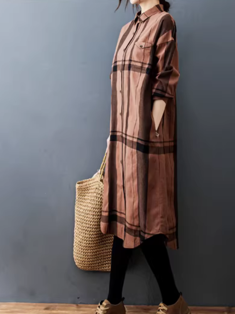 Women’s Relaxed Check Shirt Dress in Cotton Blend, Button-Down Midi
