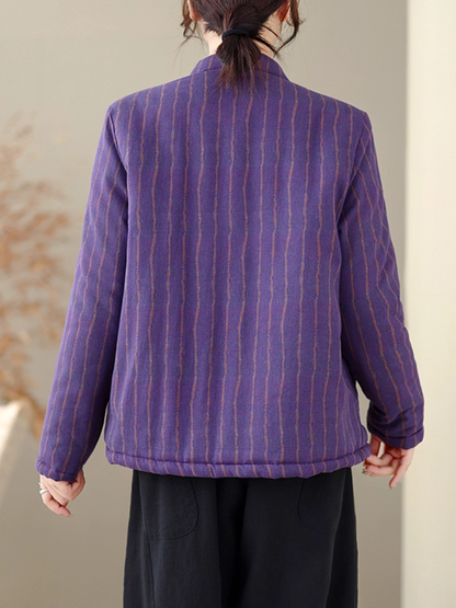 Heritage-inspired striped cotton jacket with mandarin collar, elegant women's outerwear