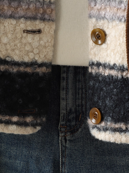 Striped Button-Front Sherpa Vest with Piped Pockets for Women, Cozy Layer