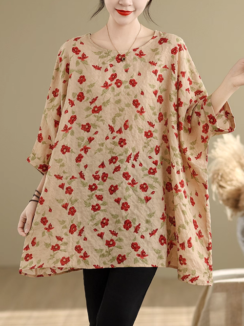 Artful Floral Tunic Blouse in Cotton&Flax with Batwing Draping