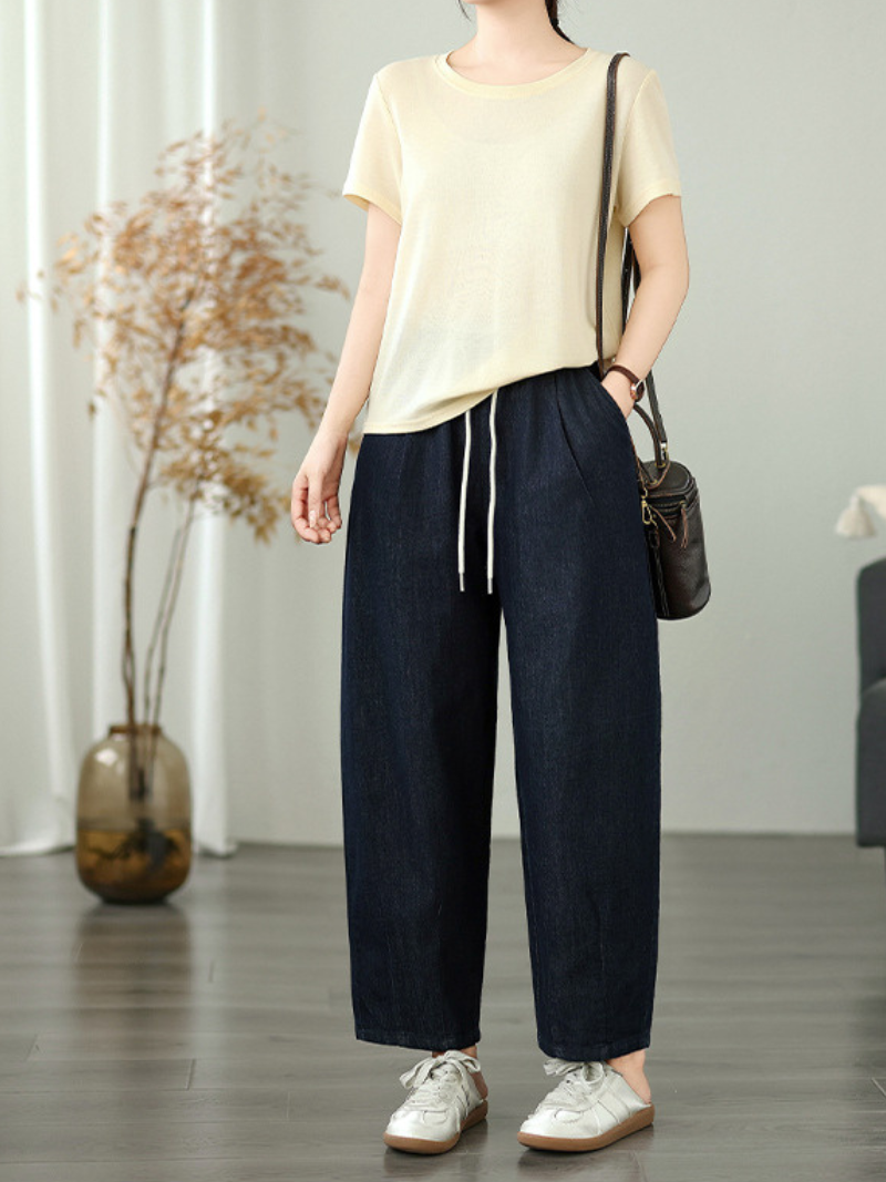 Chic Relaxed Wide-Leg Denim Cotton Pants with Drawstring Waistband for Women