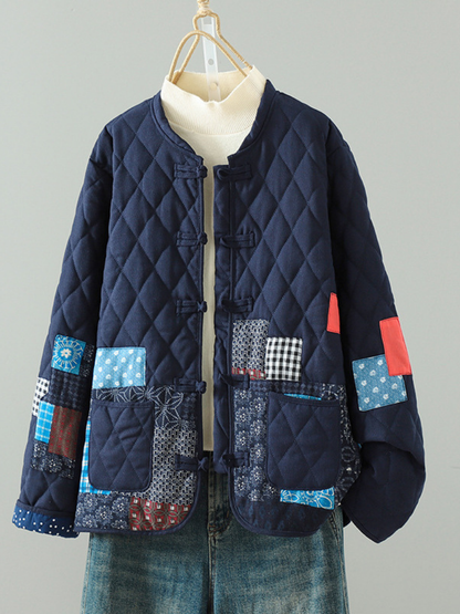 Patchwork Quilted Mandarin-Collar Jacket in Cotton & Flax, Women's Outerwear