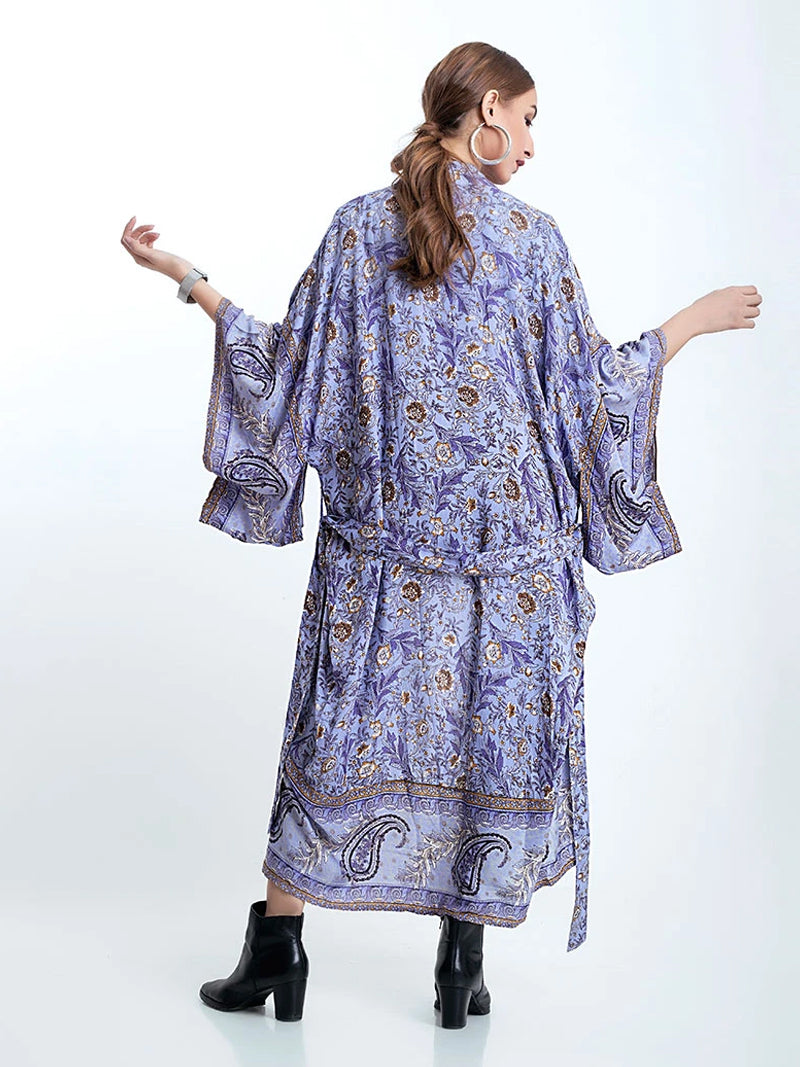 Partywear Floral With Birds Print Purple Color Cotton Long Length Gown Kimono Duster Robe
