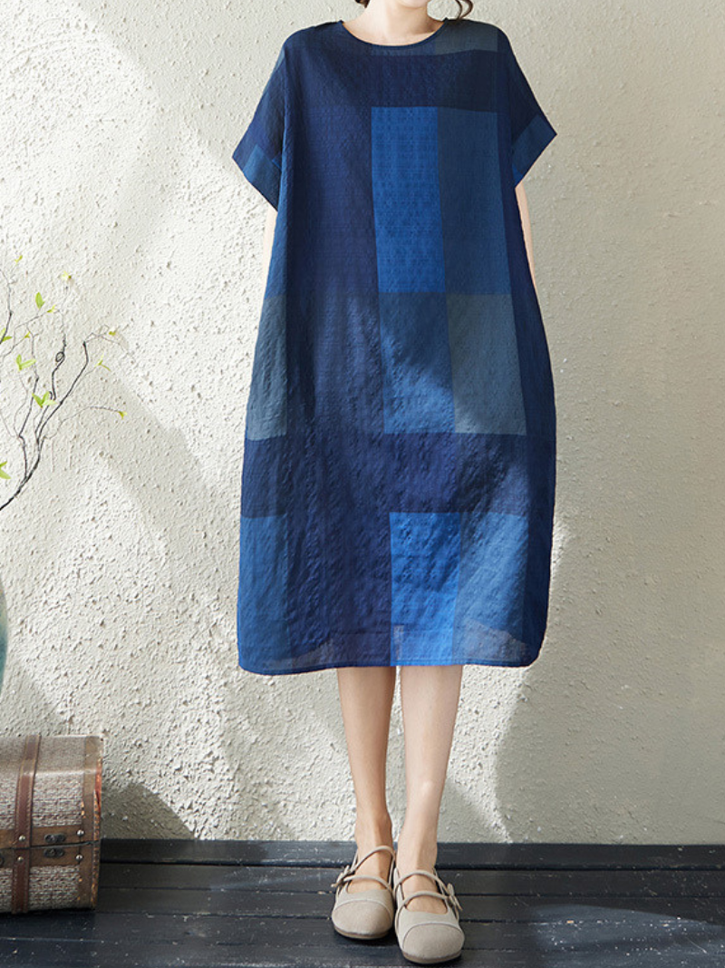 Artful Patchwork Linen Dress in Relaxed Midi Silhouette with Pockets
