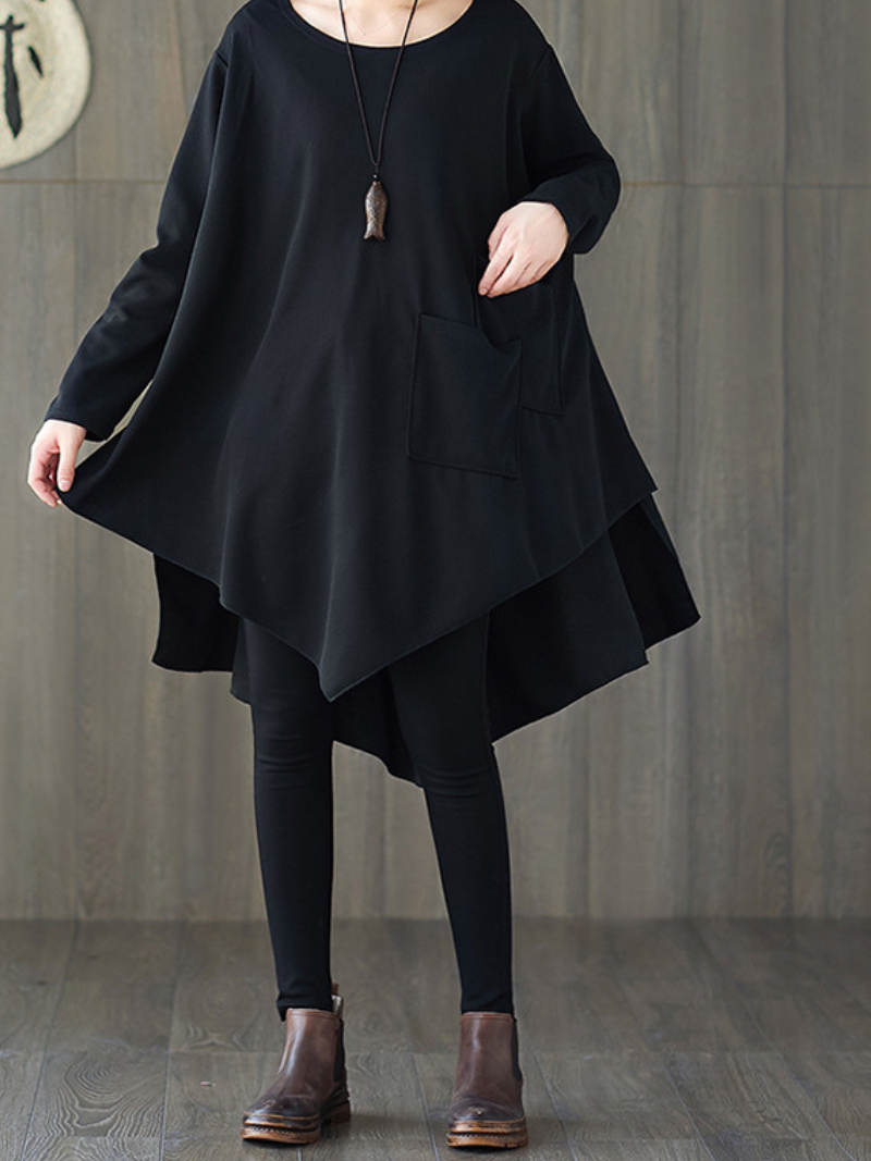 Asymmetrical Oversized Tunic Top with Sculpted Pockets in Black Polyester