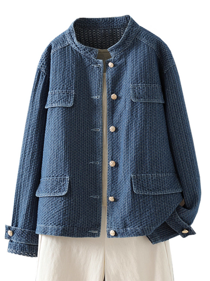 Textured Denim Cotton Women’s Denim Jacket with Gold Buttons, Relaxed Shacket