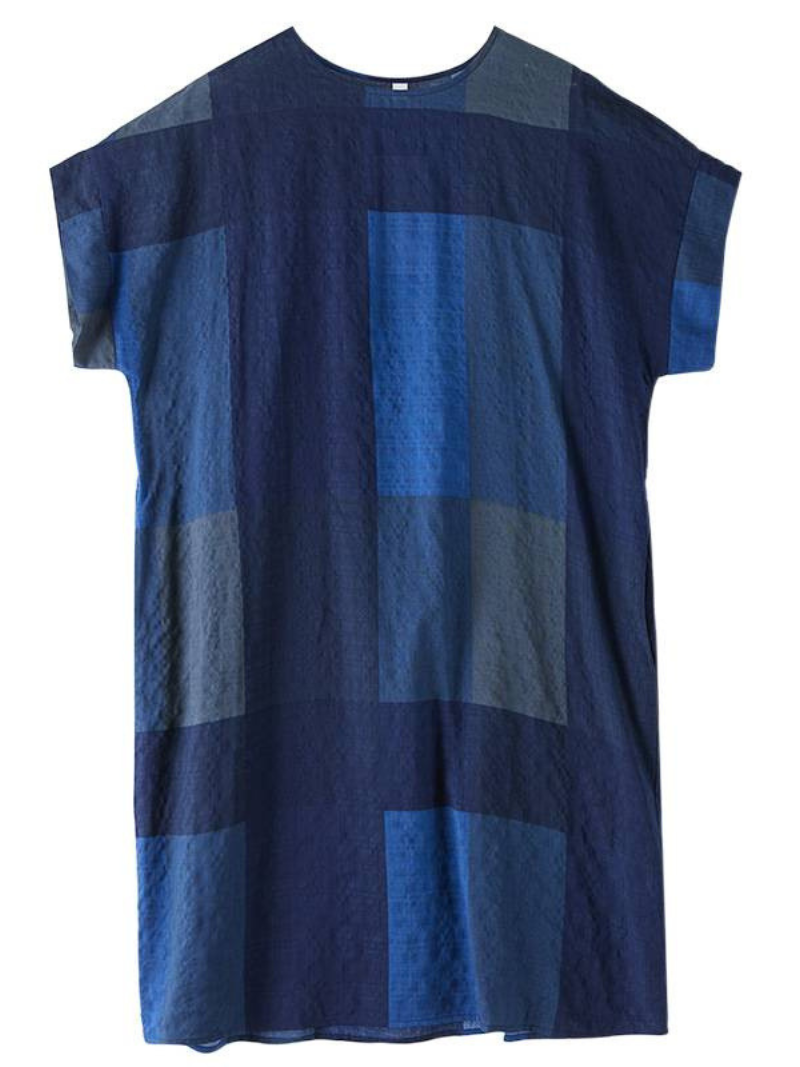 Artful Patchwork Linen Dress in Relaxed Midi Silhouette with Pockets