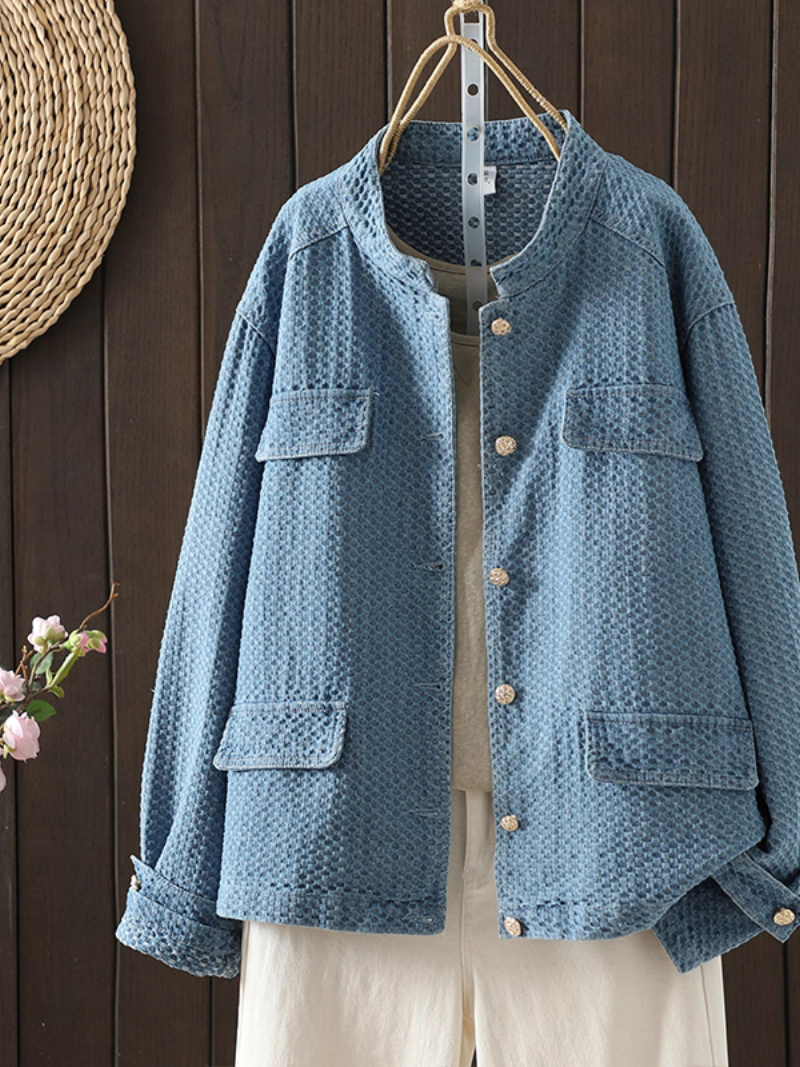 Textured Denim Cotton Women’s Denim Jacket with Gold Buttons, Relaxed Shacket