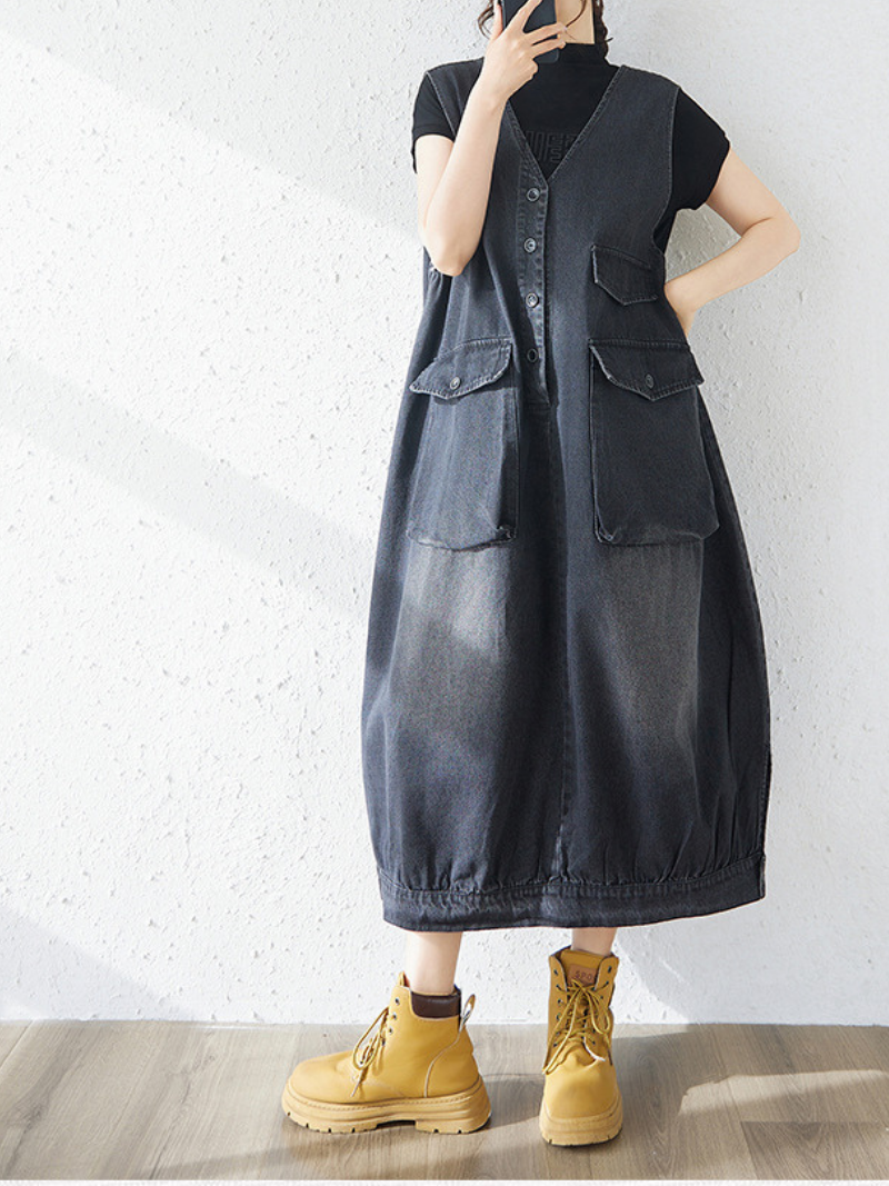Minimal Utility Denim Dress with Pockets, Sleeveless V-Neck Midi Silhouette