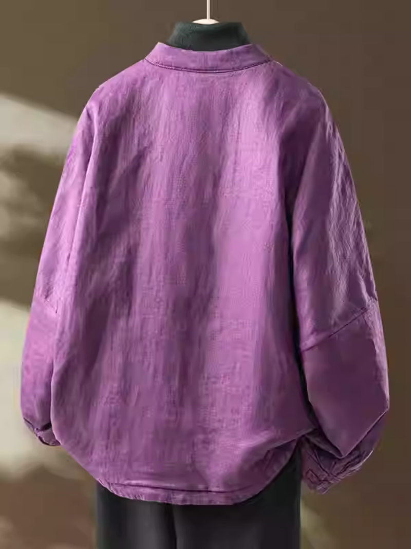Chic Mandarin-Collar Cotton-Linen Frog-Button Women’s Jacket with Relaxed Oversized Silhouette