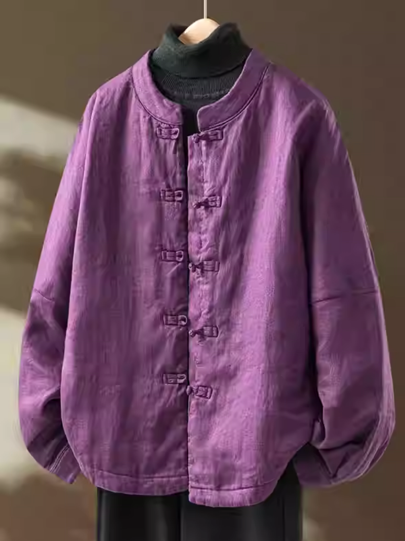 Chic Mandarin-Collar Cotton-Linen Frog-Button Women’s Jacket with Relaxed Oversized Silhouette