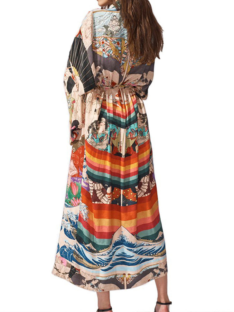 Printed Multicolor Chiffon Polyester Long Length Gown Kimono Duster Robe