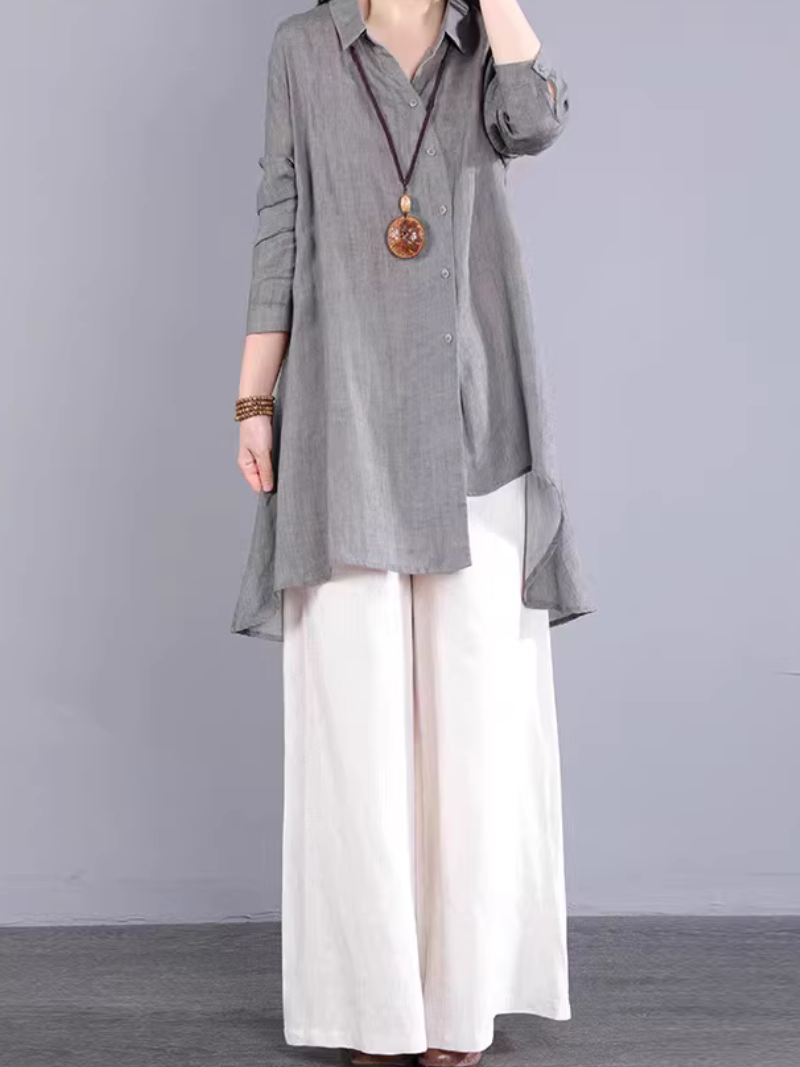 Asymmetric Longline Linen Shirt Tunic in Cotton Linen Blend, Refined