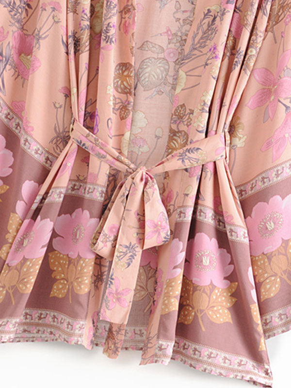Short Kimono Floral Print Pink Cotton Viscose Short Length Gown Kimono Duster Robe