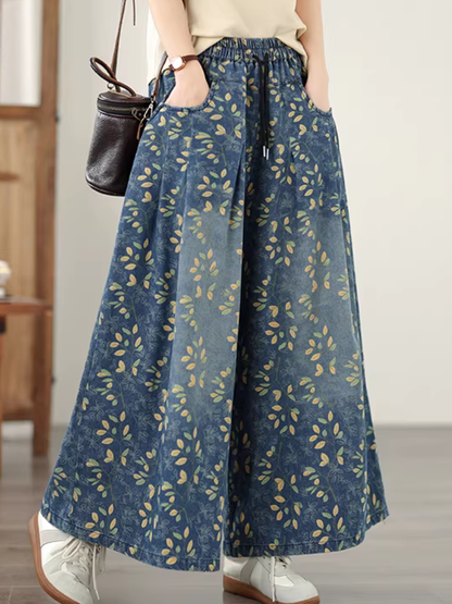Floral Denim Cotton Palazzo Pants with Pockets, Elegant Wide-Leg Trousers