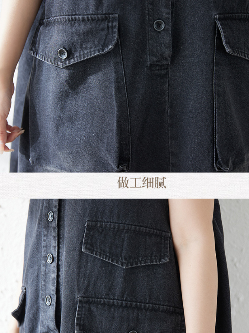 Minimal Utility Denim Dress with Pockets, Sleeveless V-Neck Midi Silhouette