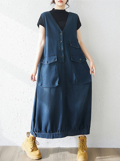 Minimal Utility Denim Dress with Pockets, Sleeveless V-Neck Midi Silhouette