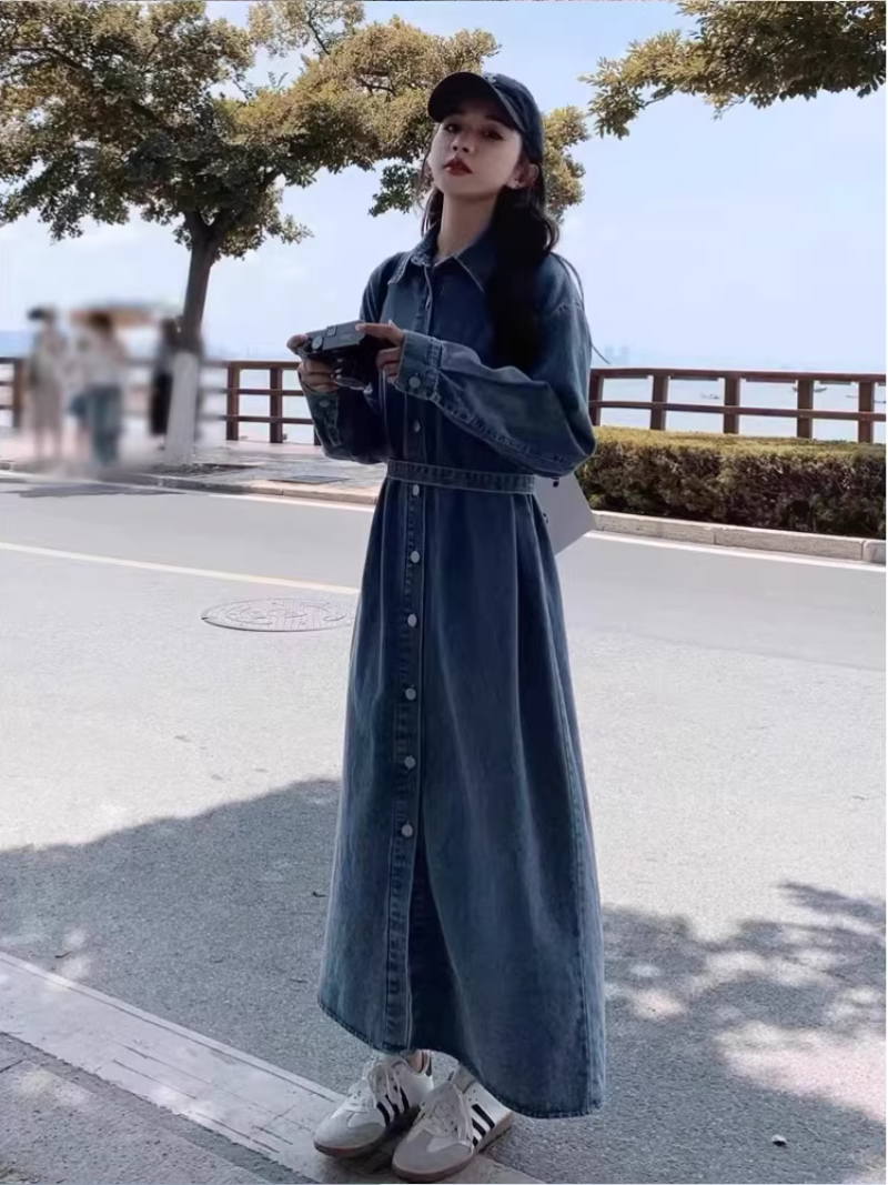 Chic Longline Denim Coat in Cotton, Minimal Maxi Duster for Weekends