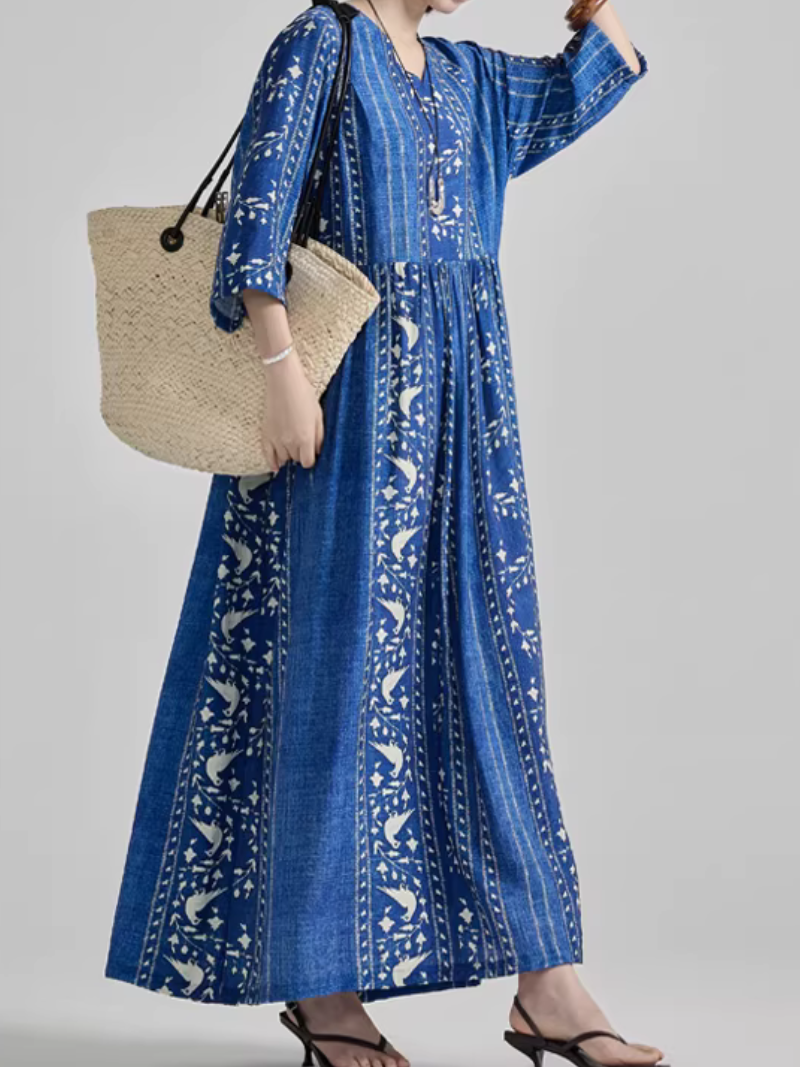 Artisanal Stripe Print V-Neck Maxi Dress in Luxe Nylon-Cotton Blend