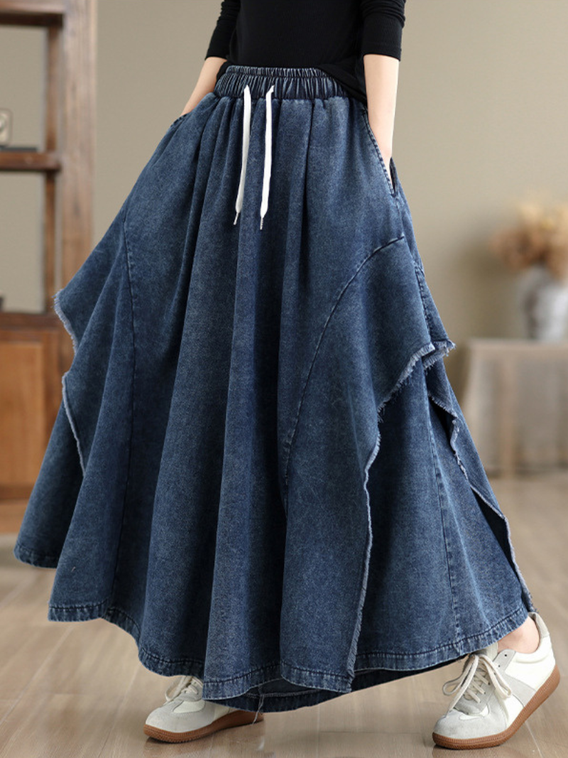 Artful A-Line Denim Maxi Skirt with Drawstring Waist, Cotton Comfort
