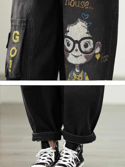 Playful Graphic Relaxed Women's Denim Pants with Elastic Waist and Pockets