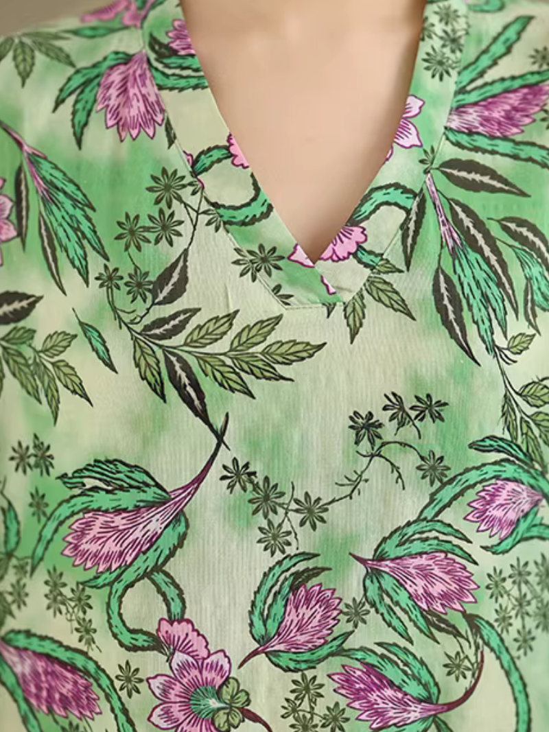 Botanical Print Maxi Kaftan Dress in Airy Artificial Cotton Elegance