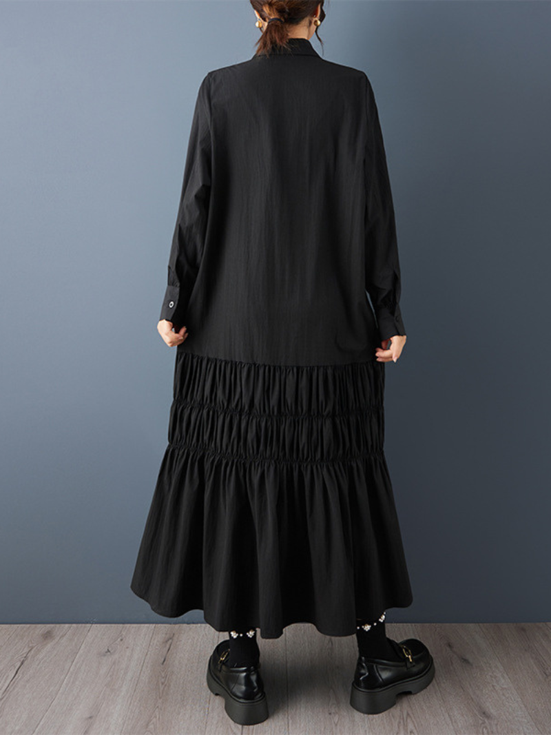 Chic Collared Tiered Maxi Dress with Tie Neck and Ruched Hem