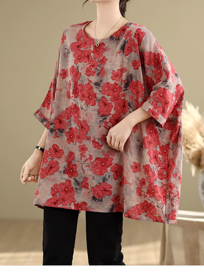 Artful Floral Tunic Blouse in Cotton&Flax with Batwing Draping