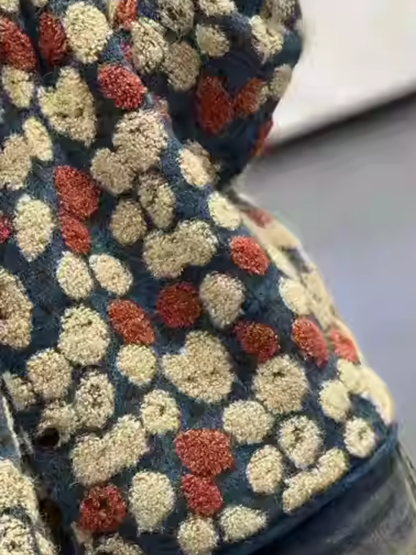 Bouclé Bloom Jacquard Cardigan in Plush Acrylic-Blend Knit with Rib Trims